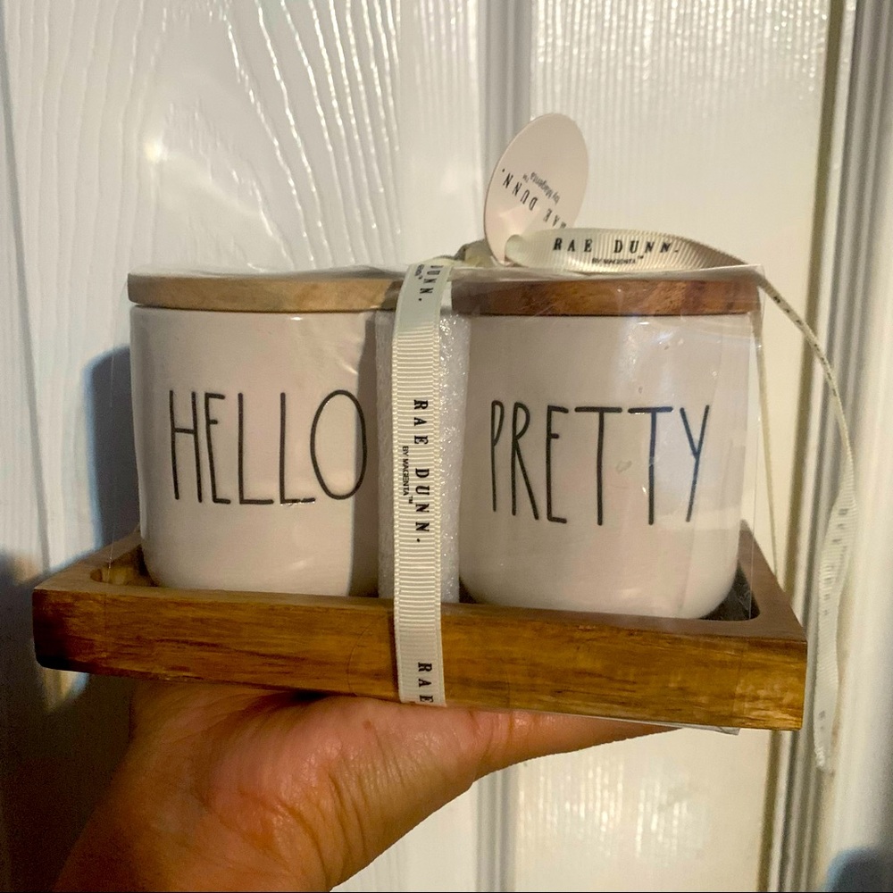 BNWT Rae Dunn HELLO. PRETTY. 2 ceramic canister jars, wooden lids & wooden tray